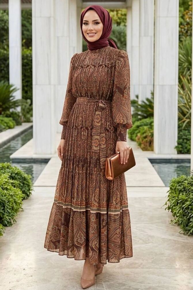 Shawl Patterned Brown Silk Satin Modest Dress 95705KH - 1