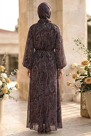 Shawl Patterned Gather Collar Belted Chiffon Black Modest Dress 82901S - 2