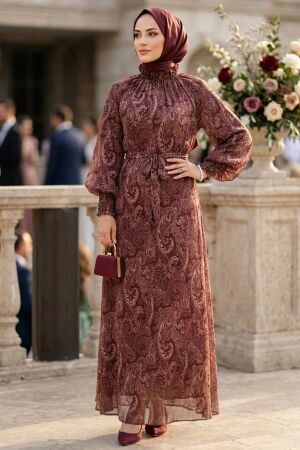 Shawl Patterned Gather Collar Belted Chiffon Brown Modest Dress 82901KH - 1