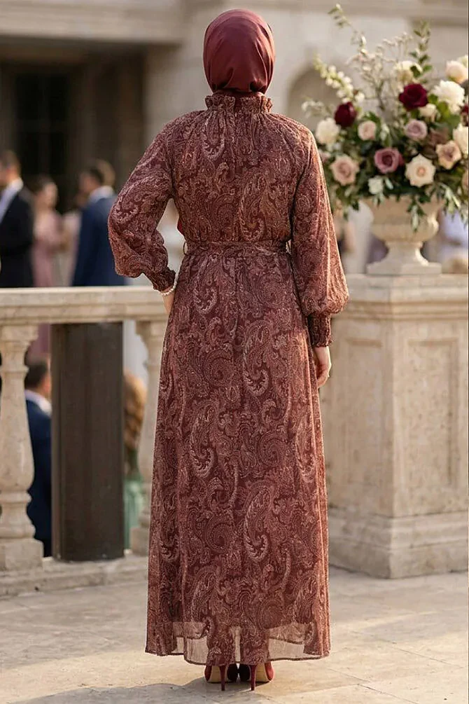 Shawl Patterned Gather Collar Belted Chiffon Brown Modest Dress 82901KH - 2