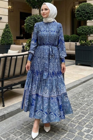 Shawl Patterned Indigo Blue Silk Satin Modest Dress 95705IM 