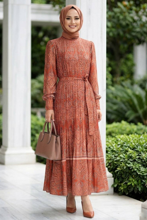 Shawl Patterned Kiremit Silk Satin Modest Dress 95705KRMT 