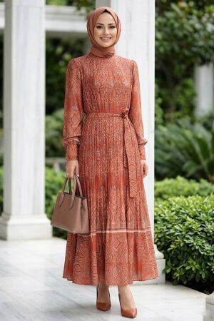 Shawl Patterned Kiremit Silk Satin Modest Dress 95705KRMT - 1