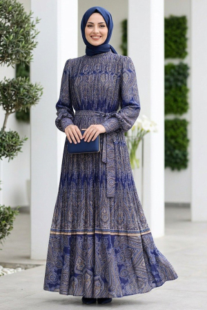 Shawl Patterned Morcivert Silk Satin Modest Dress 95705MORCVRT - 1