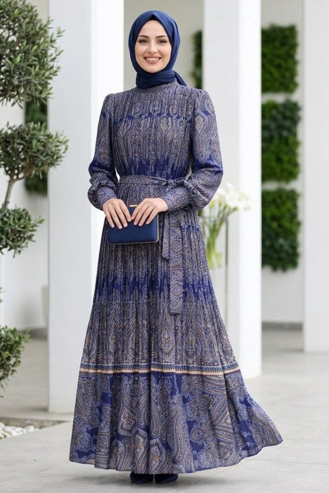 Shawl Patterned Morcivert Silk Satin Modest Dress 95705MORCVRT - 1