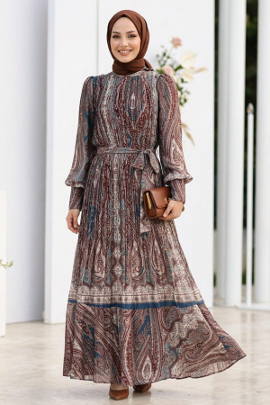 Shawl Patterned Sashed Brown Silk Satin Modest Dress 95709KH