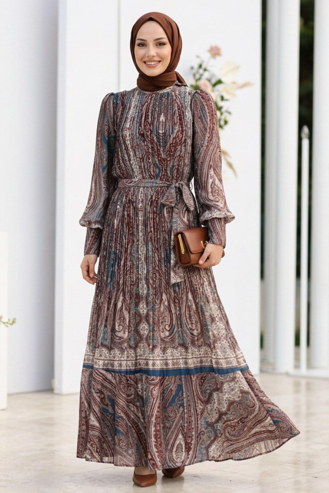 Shawl Patterned Sashed Brown Silk Satin Modest Dress 95709KH - 2