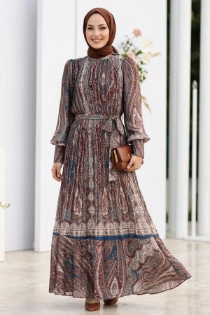 Shawl Patterned Sashed Brown Silk Satin Modest Dress 95709KH - 1