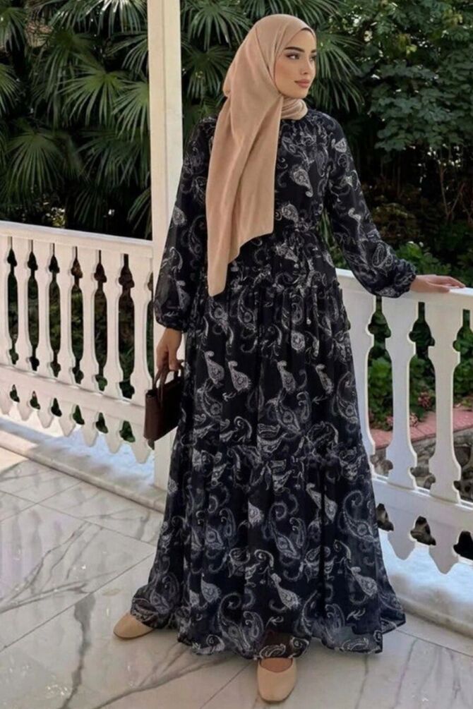 Shawl-Print Tie-Waist Black Modest Dress 24761S - 1