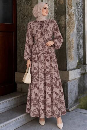 Shawl-Print Tie-Waist Dark Beige Modest Dress 24761KBEJ 