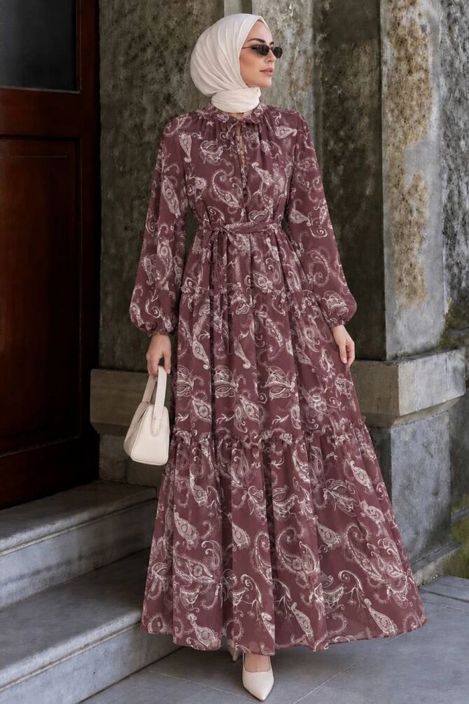 Shawl-Print Tie-Waist Dark Brown Modest Dress 24761KKH - 1