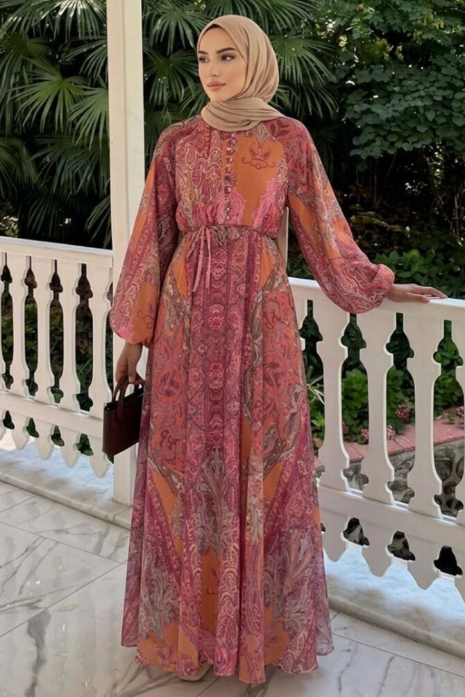 Shawl-Print Tie-Waist Orange Modest Dress 24960T - 1