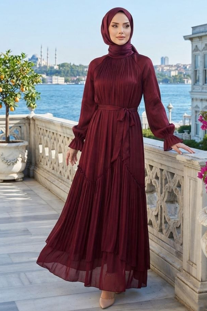 Shimmering Sashed Burgundy Modest Evening Dress 4956BR - 1