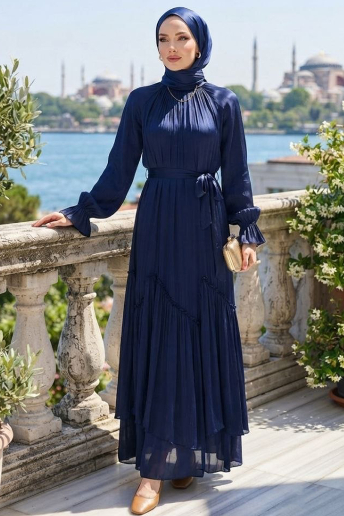 Shimmering Sashed Navy Blue Modest Evening Dress 4956L - 1