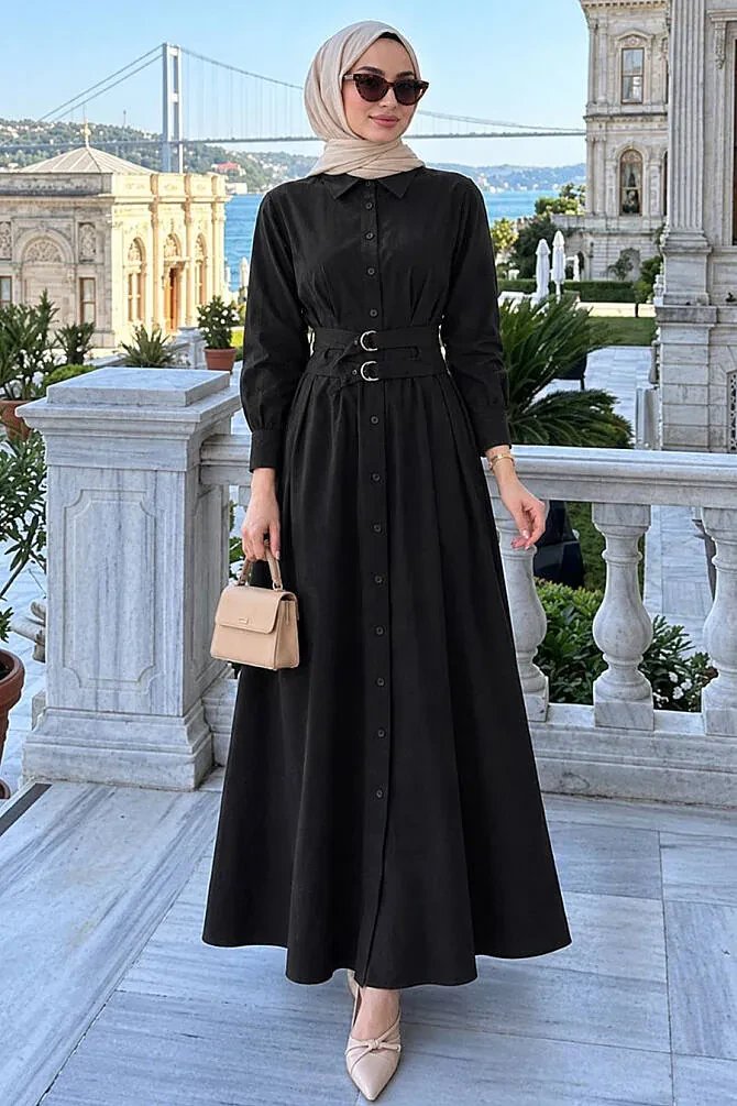 Shirt Collar Belted Black Modest Dress 30951S - 1