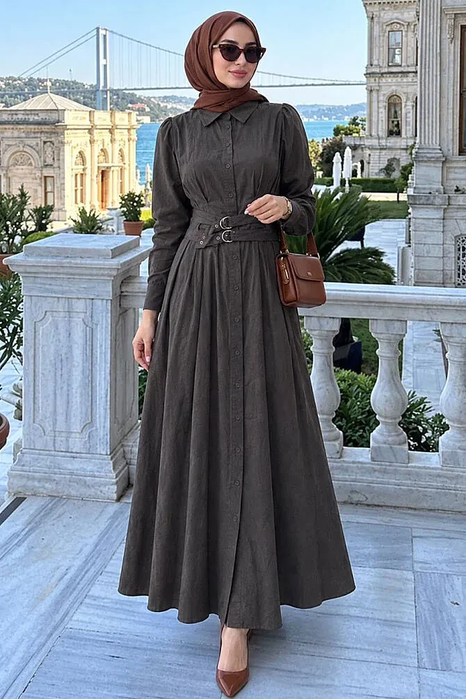 Shirt Collar Belted Dark Charcoal Modest Dress 30951KFU - 1