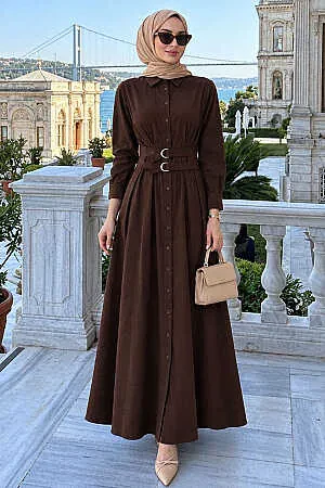 Shirt Collar Belted Embroidered Dark Brown Modest Dress 30951KKH 