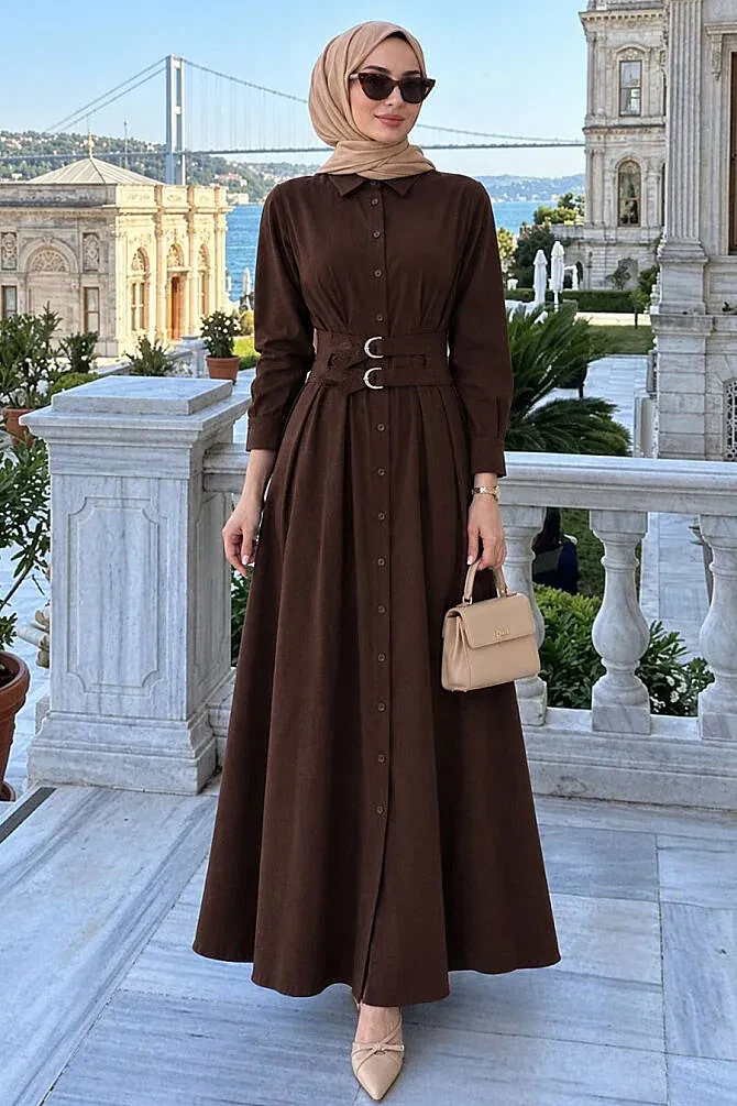 Shirt Collar Belted Embroidered Dark Brown Modest Dress 30951KKH - 1
