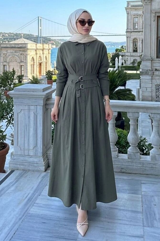 Shirt Collar Belted Light Khaki Modest Dress 30951AHK - 1