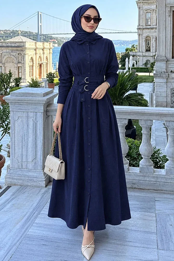 Shirt Collar Belted Navy Blue Modest Dress 30951L - 1