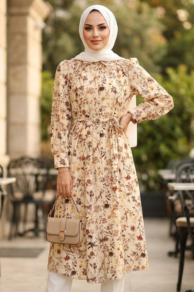 Shirt Collar Floral Patterned Yellow Modest Tunic 95730SR - 2