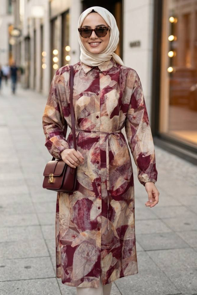 Shirt Collar Soyut Patterned Burgundy Modest Tunic 95725BR - 1