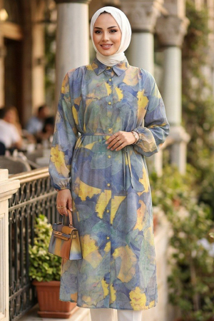Shirt Collar Soyut Patterned Indigo Blue Modest Tunic 95725IM 