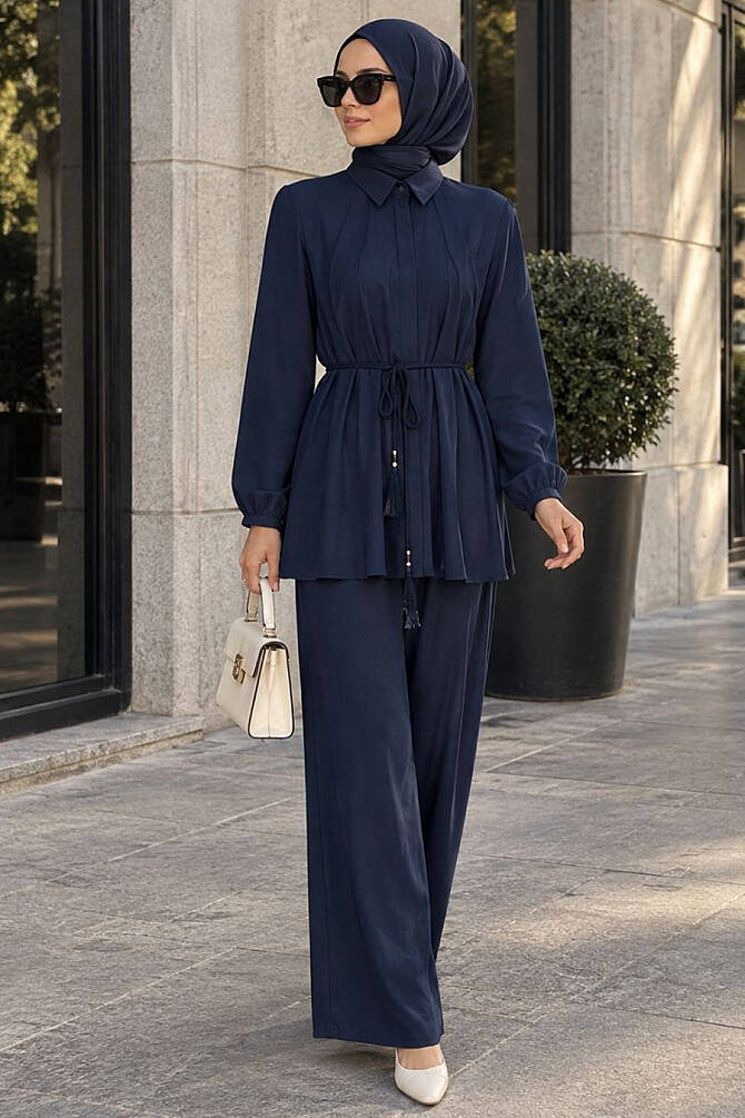Shirt Collar Tie Detail Navy Blue Modest Set 26190L - 1