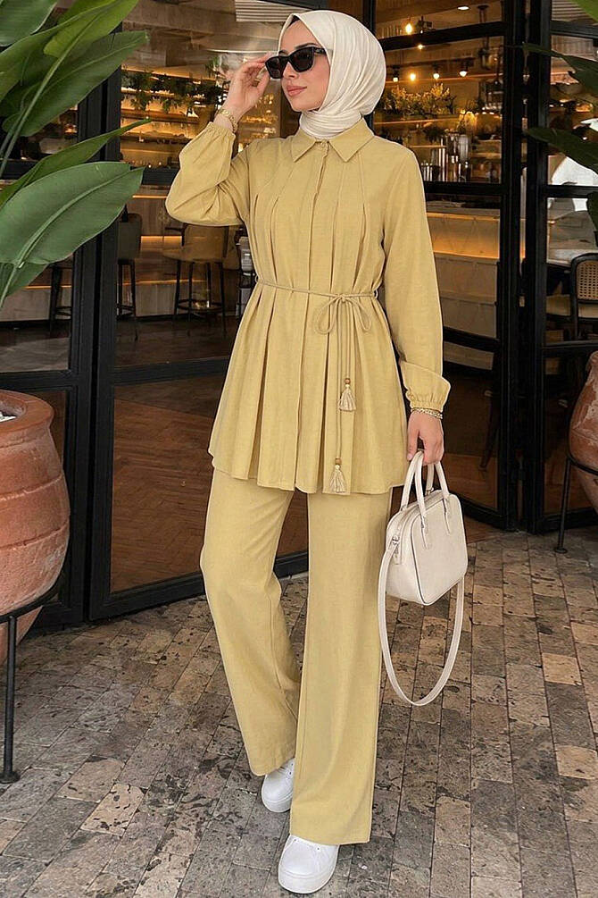 Shirt Collar Tie Detail Yellow Modest Set 26190SR - 1