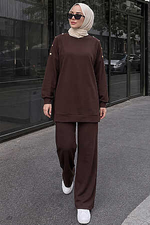 Shoulder-Button Detail Oysho Dark Brown Modest Set 3139KKH 