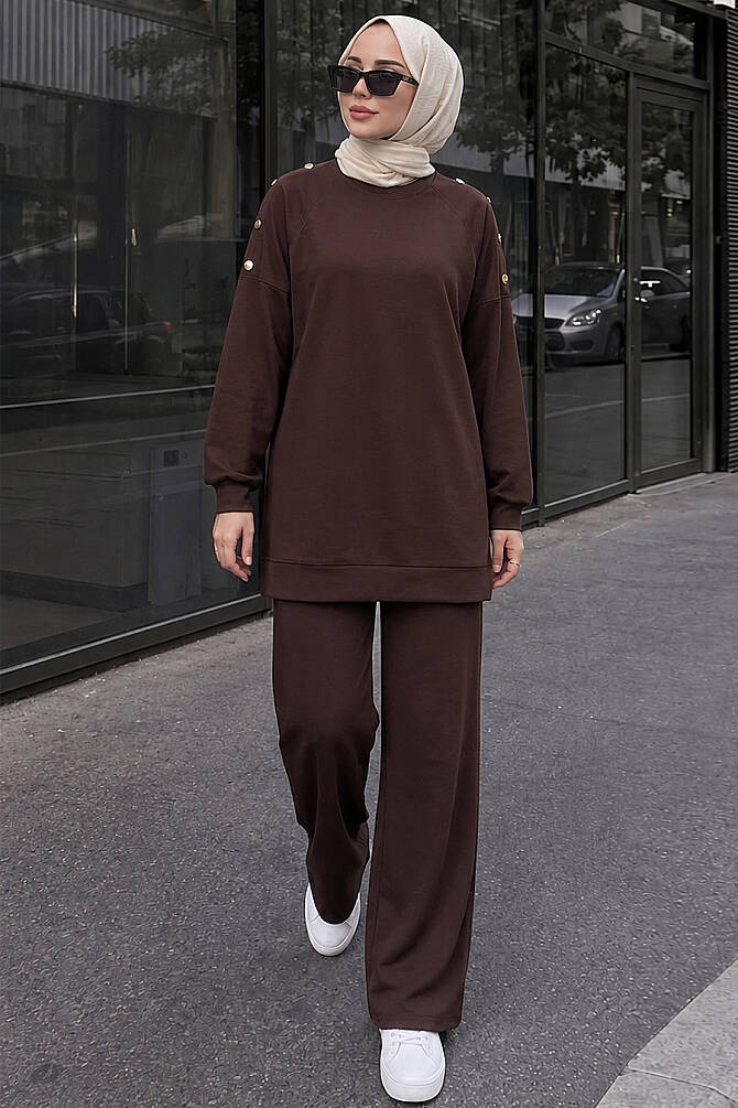 Shoulder-Button Detail Oysho Dark Brown Modest Set 3139KKH - 1