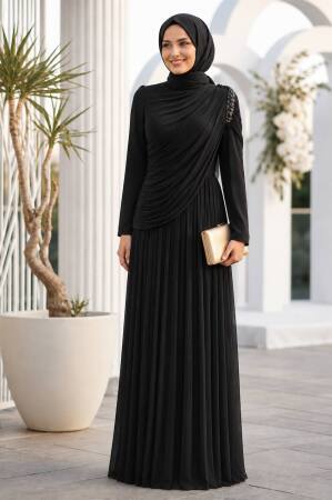 Shoulder Stone-Detail Draped Black Modest Evening Dress 5714S 