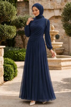 Shoulder Stone-Detail Draped Navy Blue Modest Evening Dress 5714L - 1
