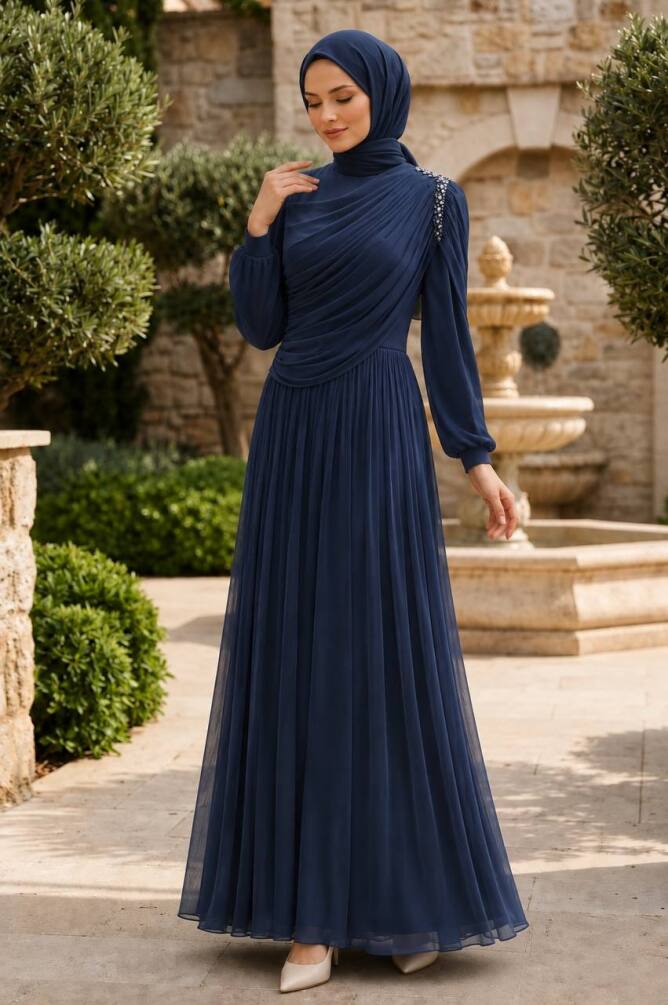 Shoulder Stone-Detail Draped Navy Blue Modest Evening Dress 5714L - 1