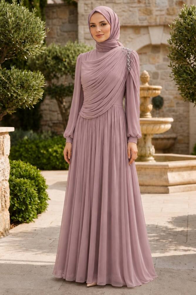 Shoulder Stone-Detail Draped Powder Pink Modest Evening Dress 5714PD - 1