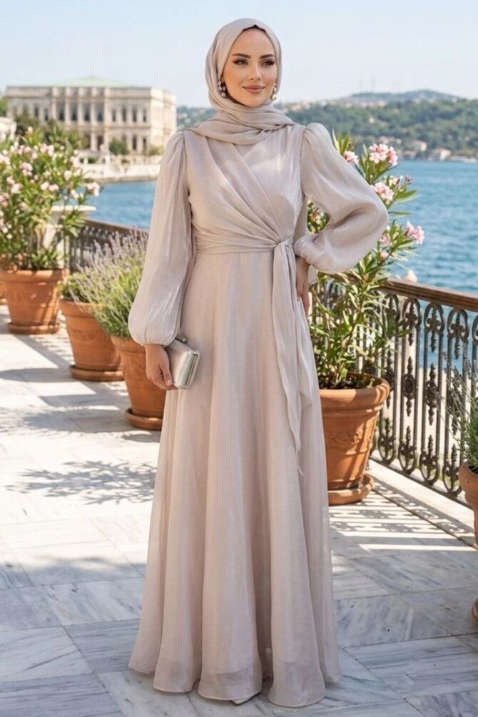 Side Tie-Detail Beige Modest Evening Dress 62191BEJ - 1
