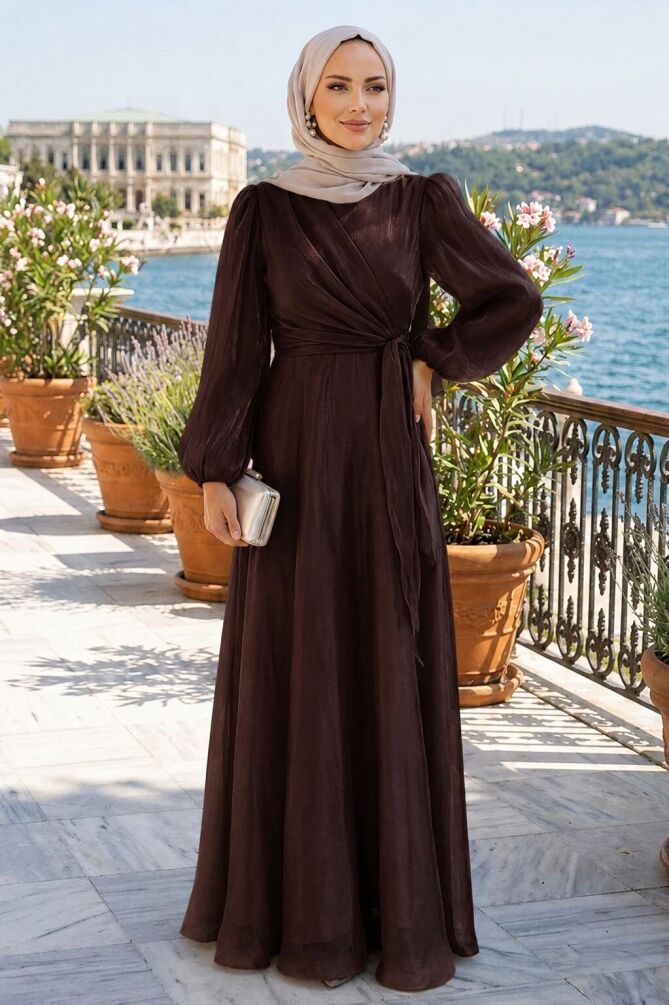 Side Tie-Detail Brown Modest Evening Dress 62191KH - 1