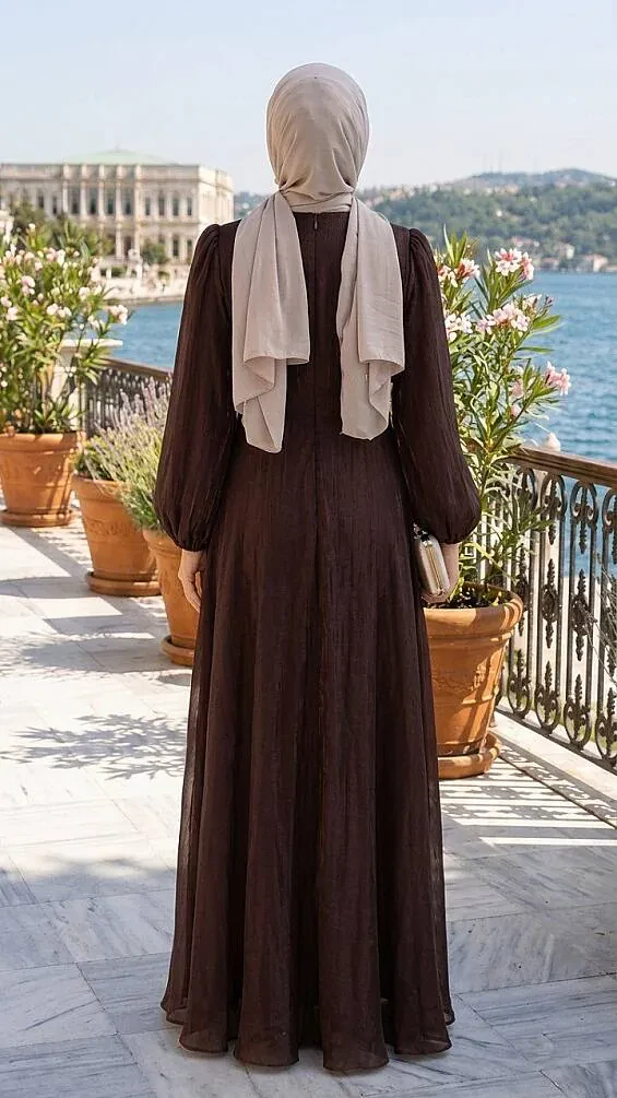 Side Tie-Detail Brown Modest Evening Dress 62191KH - 2