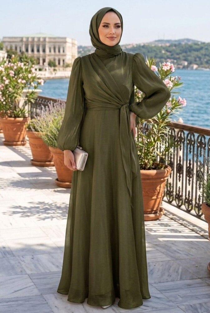 Side Tie-Detail Khaki Modest Evening Dress 62191HK - 1