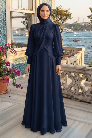 Şifon Drapeli Lacivert Tesettür Abiye Elbise 4948L 
