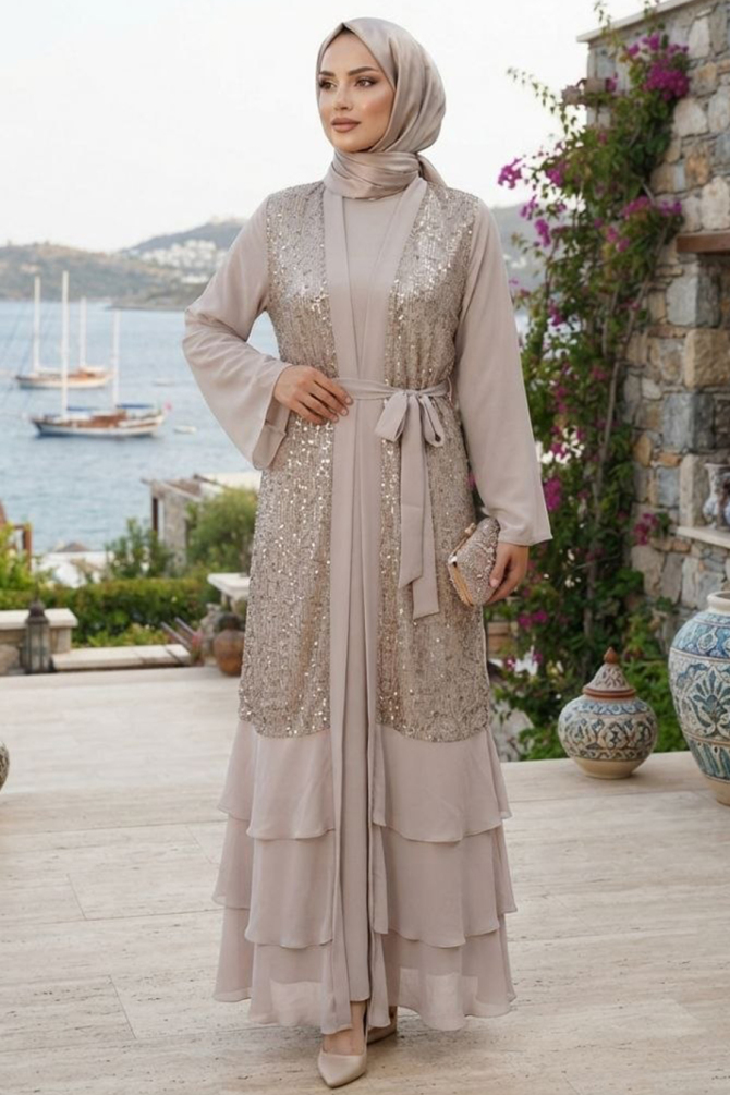 Şifon Payet Bej Volanlı Tesettür Abiye Elbise 48162BEJ - N.S NEVA STYLE