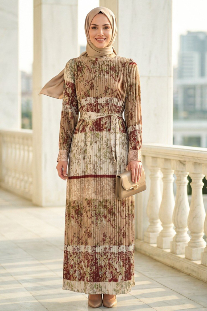Silk Satin Burgundy Patterned Modest Dress 95701BR - 1