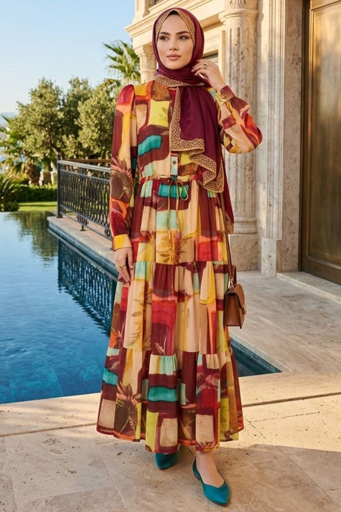 Silk Satin Burgundy Patterned Modest Dress 95715BR - 1