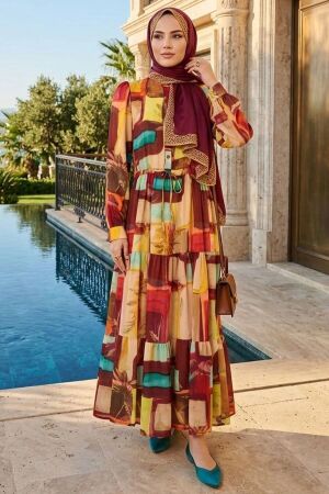 Silk Satin Burgundy Patterned Modest Dress 95715BR - 1