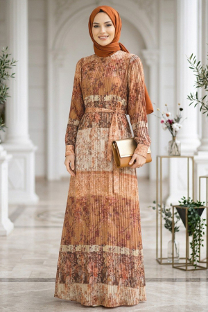 Silk Satin Tan Patterned Modest Dress 95701TB - 1