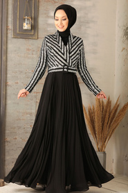 Silver Hijab Evening Dress 3314GMS - Thumbnail