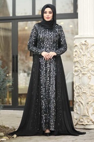Silver Hijab Evening Dress 8715GMS - Thumbnail