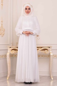 Simli Beyaz Tesettür Abiye Elbise 30632B - Thumbnail