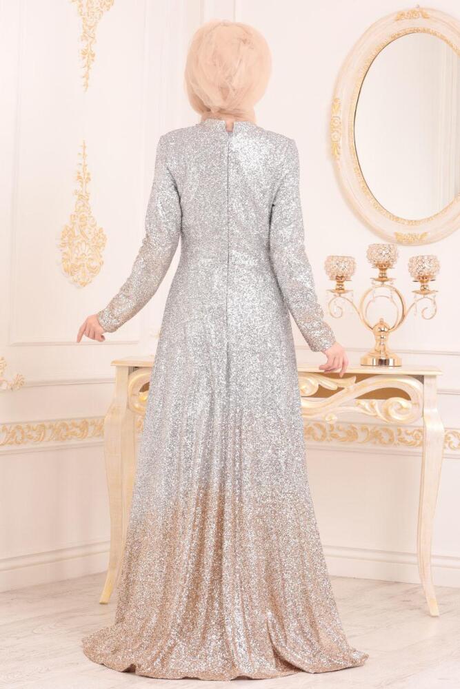 Simli Gold Tesettür Abiye Elbise 8508GOLD - 2