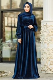 Simli Kadife Lacivert Tesettür Abiye Elbise 11030L - Thumbnail